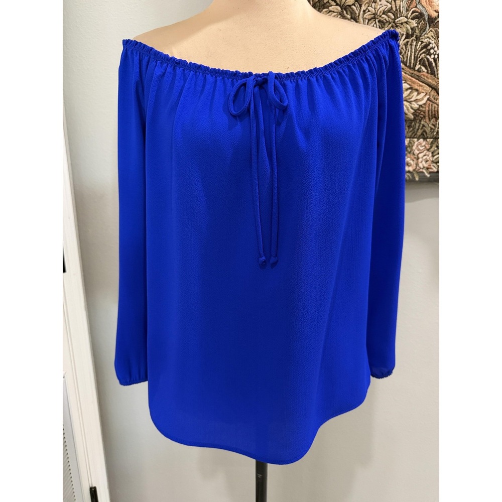 A'GACI Blouse Womens Large Blue Off Shoulder Long Sleeve Tie Neck Top Boho